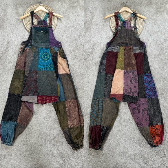 Handmade Patchwork Overall Maxi Baggy Jumpsuit Cotton Boho Hippie Multicolor L - Picture 1 of 11